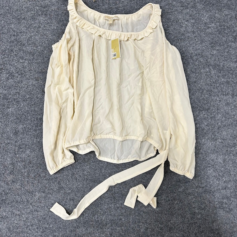 Michael Kors Blouse Womens XL Cream Cold Shoulder Ruffle Neck Side Tie New